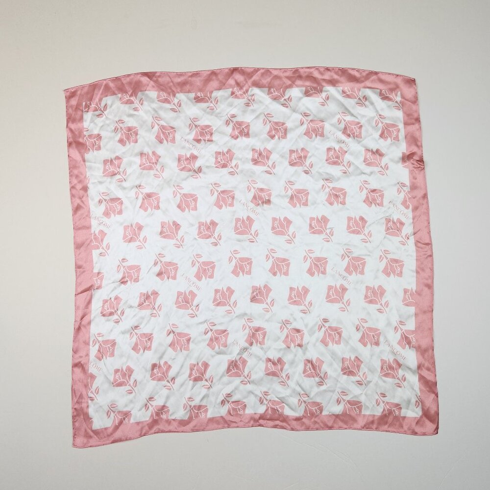 Lancome 100% Silk Pink White Rose Print Square Scarf 26” x 26”